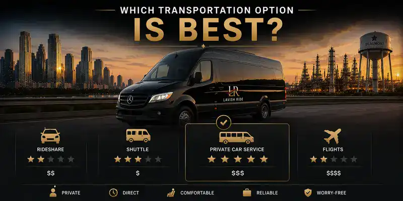 Mercedes Sprinter van luxury transportation comparison graphic between Houston and Beaumont featuring private car service, rideshare, shuttle, and flight options with Lavish Ride branding, highlighting comfort, reliability, and worry-free group travel.